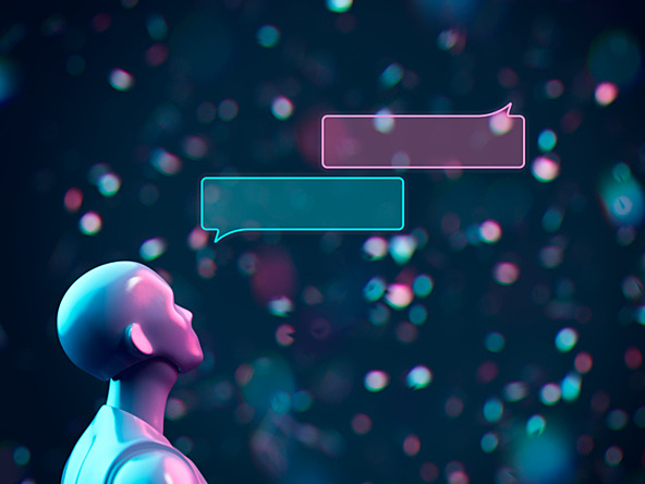 speech bubbles and robotic figure